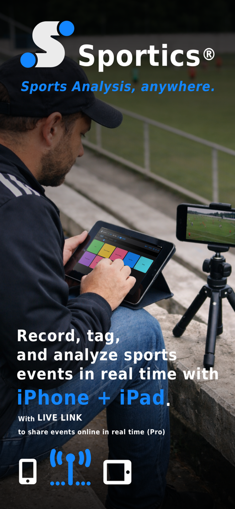 A coach using an iPad to tag events in real time while an iPhone on a tripod records a soccer game