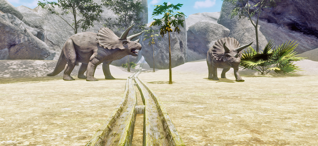 First person view of a roller coaster track passing triceratops dinosaurs
