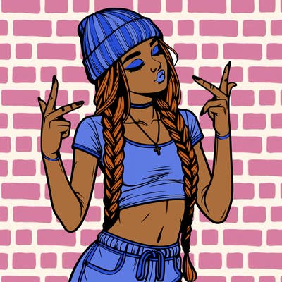 realistic teenage girl with braids and a beanie and crop top doing 🫶🏼