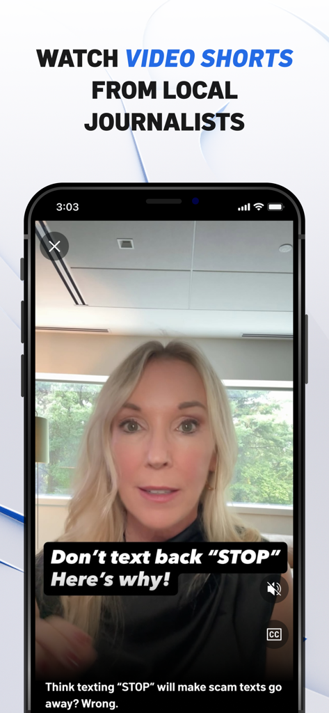 La interfaz de la aplicación NBC4 Washington muestra una función de videos cortos con un periodista local