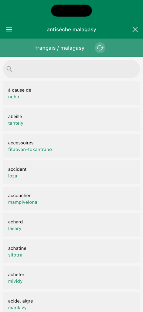 antisèche malagasy - Screenshot of the French to Malagasy lexicon interface in the antiseche malagasy mobile app