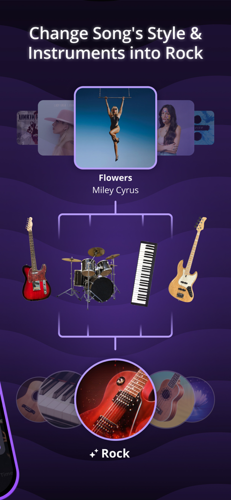 Mixit: Sing & Create Covers - Mixit app screen showing how to change a song's style and instruments into rock.
