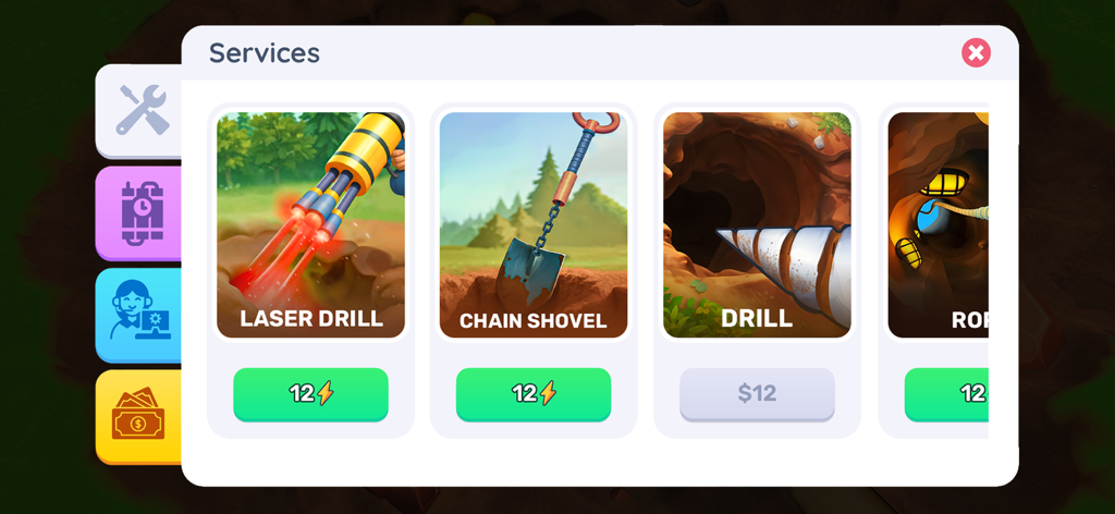 DIY Digging - Menú del juego DIY Digging para mejorar herramientas, incluyendo taladros láser y palas de cadena.