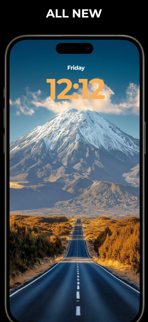 Black Lite - Live Wallpapers - iPhone lock screen displaying a high-quality landscape wallpaper with a snow-capped mountain and a long road.