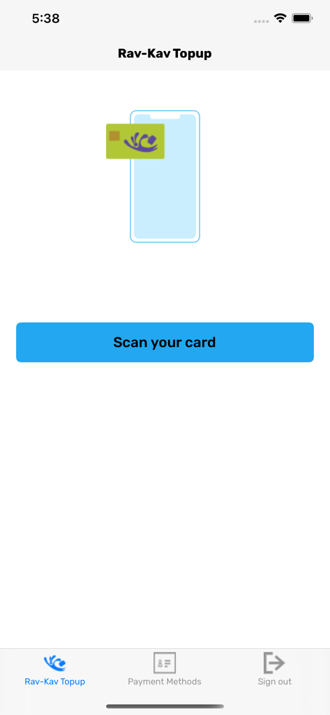 Hopon Rav-Kav טעינת רב-קו - Hopon Rav-Kav mobile app interface showing the scan your card button for transit card topup