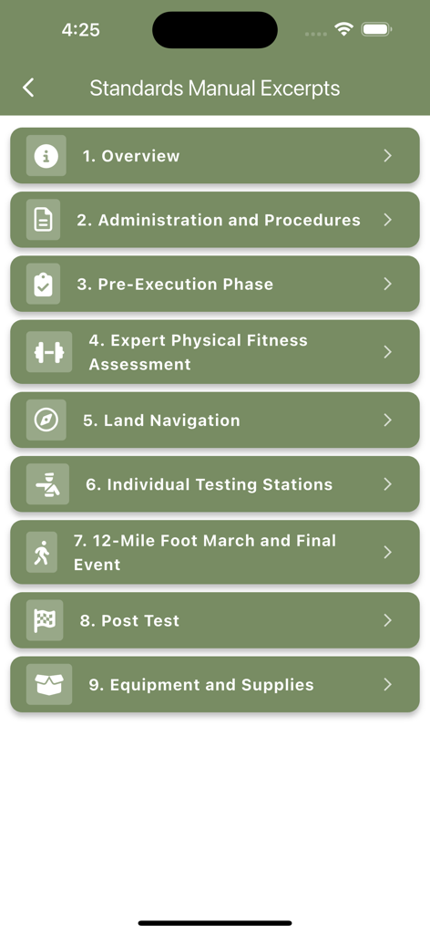 A menu screen of the EIB app showing standards manual excerpts for physical fitness land navigation and testing stations