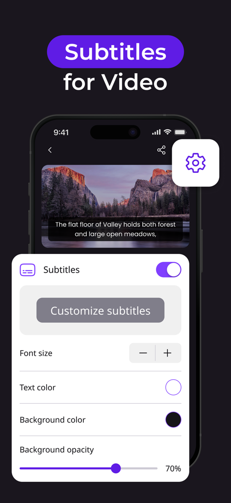 Subtitles Video Translator - Mobile app interface showing subtitle customization options for font size text color and background opacity
