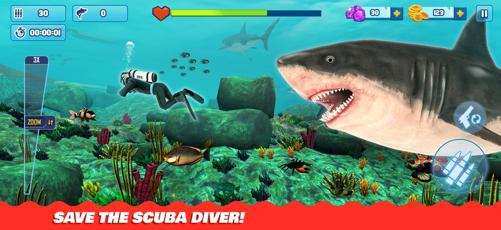 Shark Hunting Games: Sniper 3D - Gameplay of Shark Hunting Games Sniper 3D showing a giant shark near a scuba diver in a coral reef