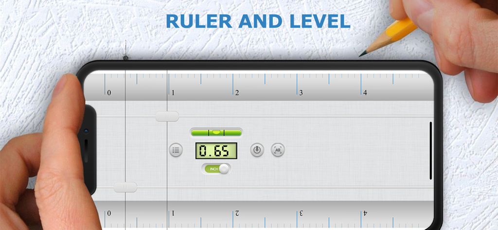 Ruler • - Interfaz de regla digital y nivel de burbuja mostrada en la pantalla de un iPhone para mediciones de bricolaje