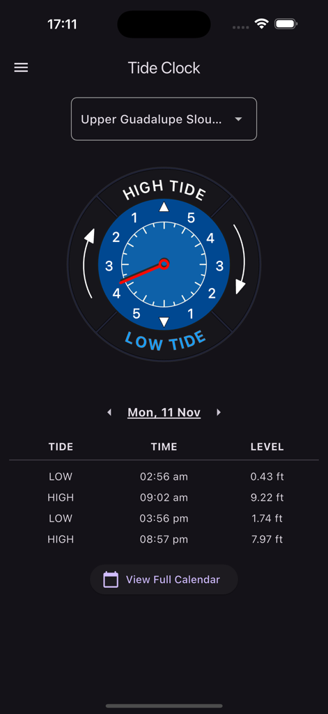 A mobile application showing a visual tide clock and a table with daily high and low tide times and water levels.