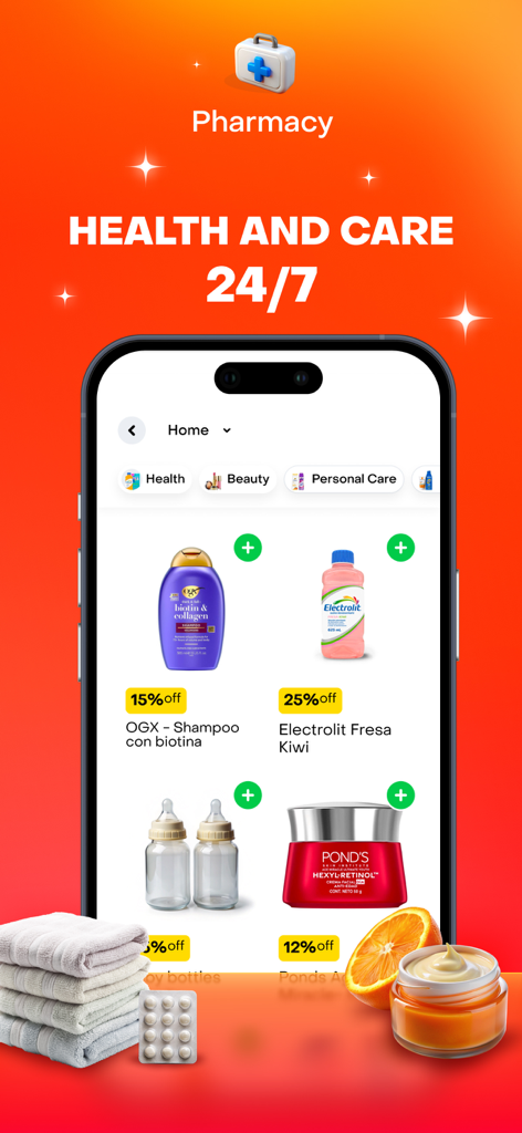 Rappi - Deliveries in Minutes - A smartphone screen displaying the Rappi app pharmacy section for 24 7 health and personal care products