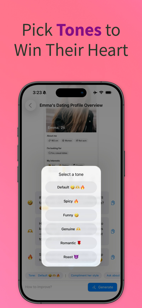 Rizzler AI: Texting Wingman - Interface showing the option to select different message tones like Spicy, Funny, and Genuine in the Rizzler AI app.