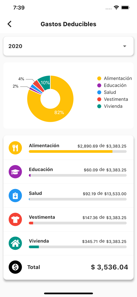 Ecuafact - Ecuafact app dashboard showing a breakdown of deductible expenses with a donut chart and category list.