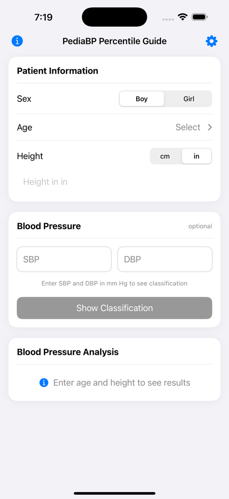 PediaBP by AMF - Clinical user interface of PediaBP app showing fields for patient sex age height and blood pressure input