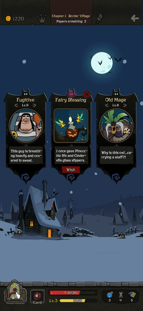 Night of the Full Moon - Pantalla de juego de Night of the Full Moon mostrando opciones de cartas Bendición de Hada Fugitiva y Viejo Mago en el capítulo Pueblo Fronterizo.