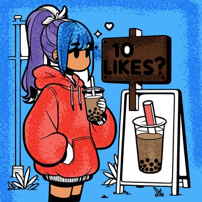 girl with oversized hoodie drinking boba and she has a high ponytail with a sign that says 10likes?