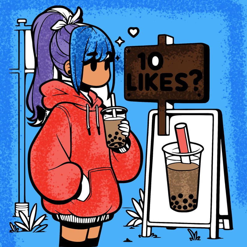 girl with oversized hoodie drinking boba and she has a high ponytail with a sign that says 10likes?