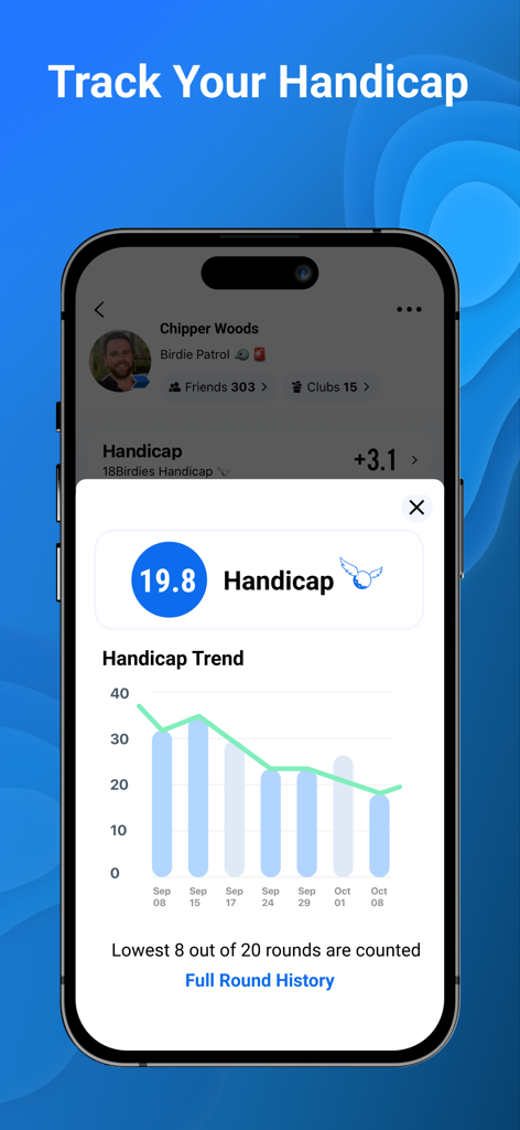 18Birdies App-Bildschirm zeigt das Handicap-Ergebnis eines Golfers und den Trend der Leistungskurve an.