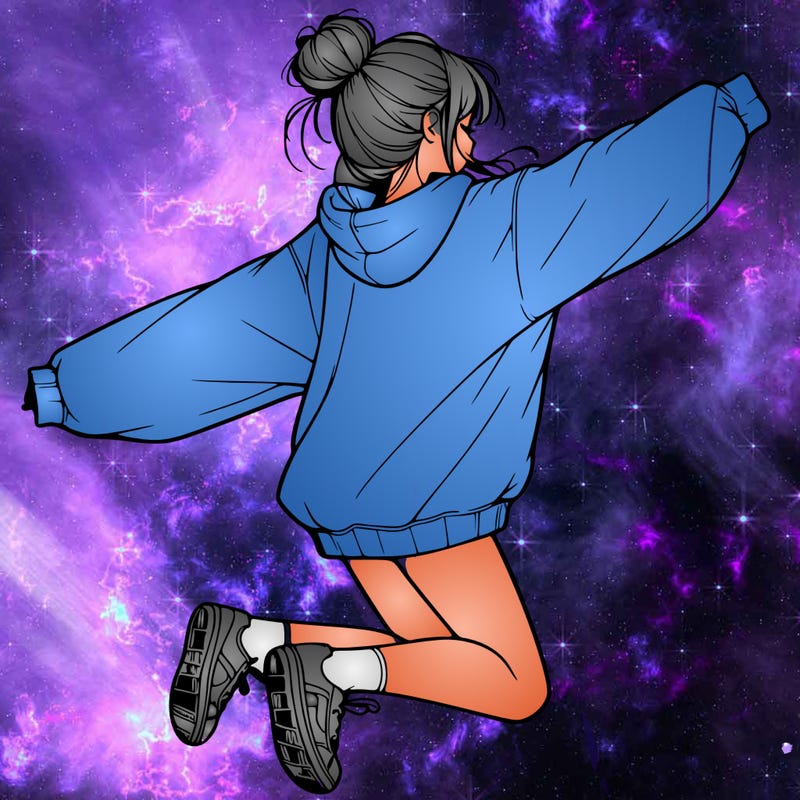 realistic girl jumping with a bun and oversized sweatshirt
