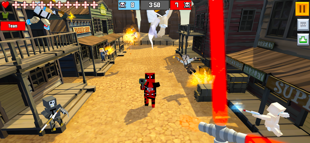 Pixel Fury Classic FPS Shooter - Multiplayer action scene in a pixelated western town with blocky characters and explosions