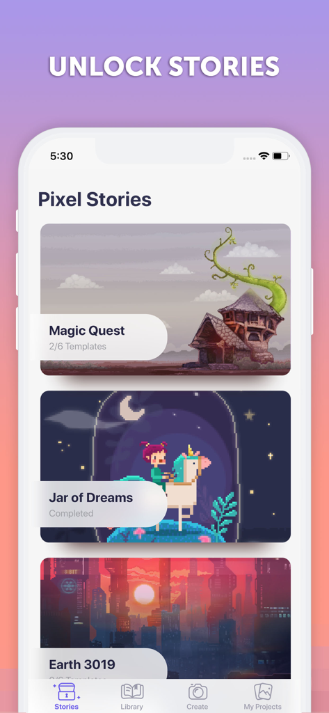 PixelArt by Picsart - Interface of PixelArt by Picsart app showing various pixel story options for coloring