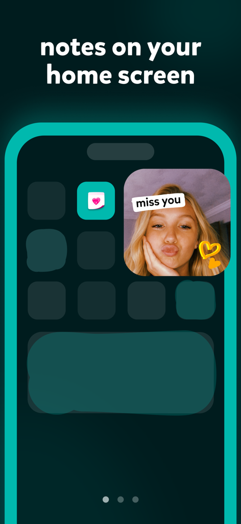 A photo note with the text miss you displayed on an iPhone home screen widget from the noteit app