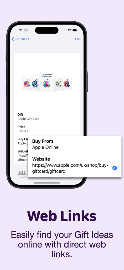 Gifting Planner - Interface do aplicativo Planejador de Presentes mostrando uma ideia de presente para um Cartão Presente da Apple com um link direto de compra na web.