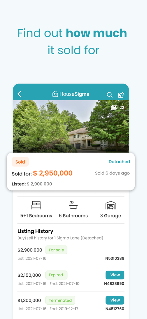HouseSigma App-Oberfläche zeigt eine Immobilie, die für 2,95 Millionen Dollar verkauft wurde, mit Details zur Auflistungshistorie.
