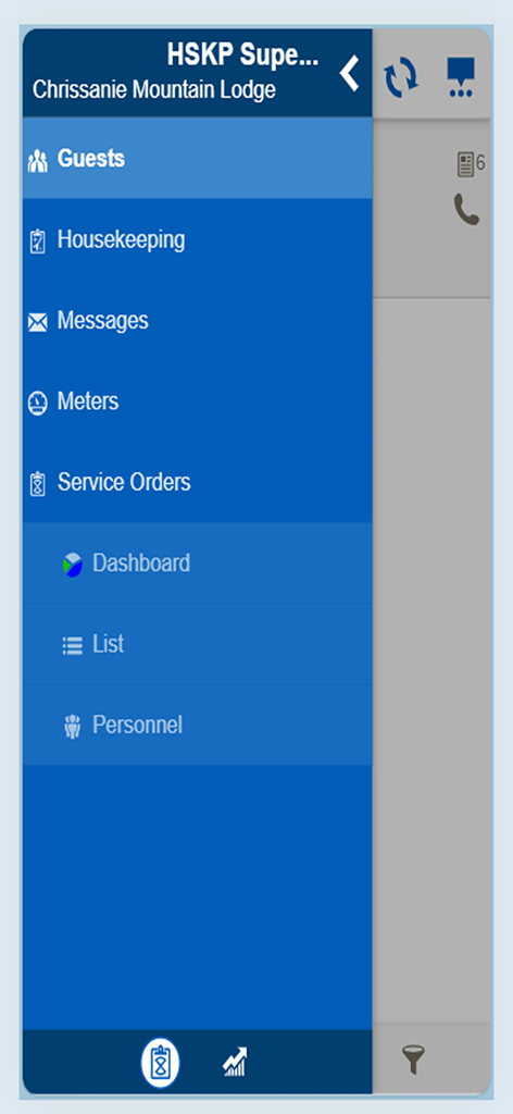 HotSOS Mobile - HotSOS Mobile app navigation sidebar showing housekeeping and service order options