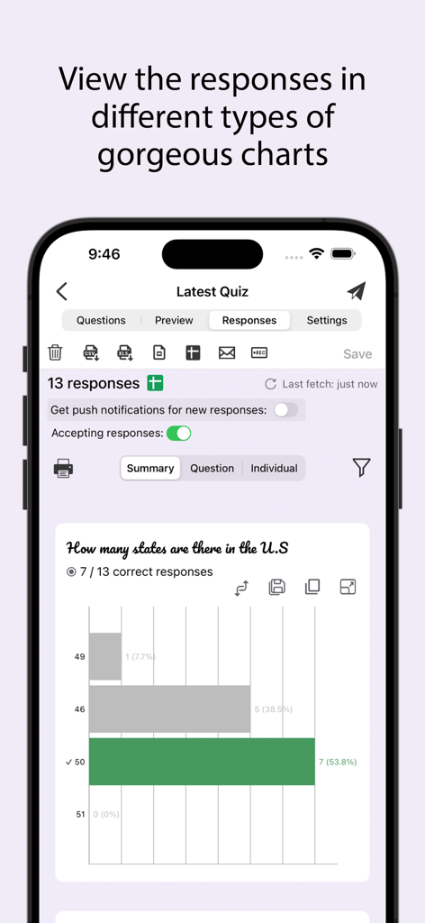 Form for Google Forms - Mobile app interface showing a bar chart visualization of quiz responses