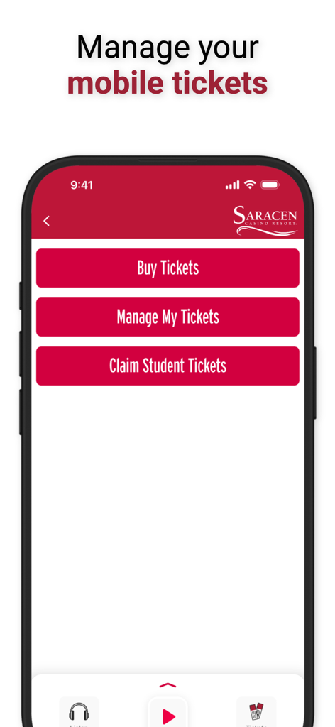 Arkansas Razorbacks - Arkansas Razorbacks app interface showing options to buy, manage, and claim student tickets.