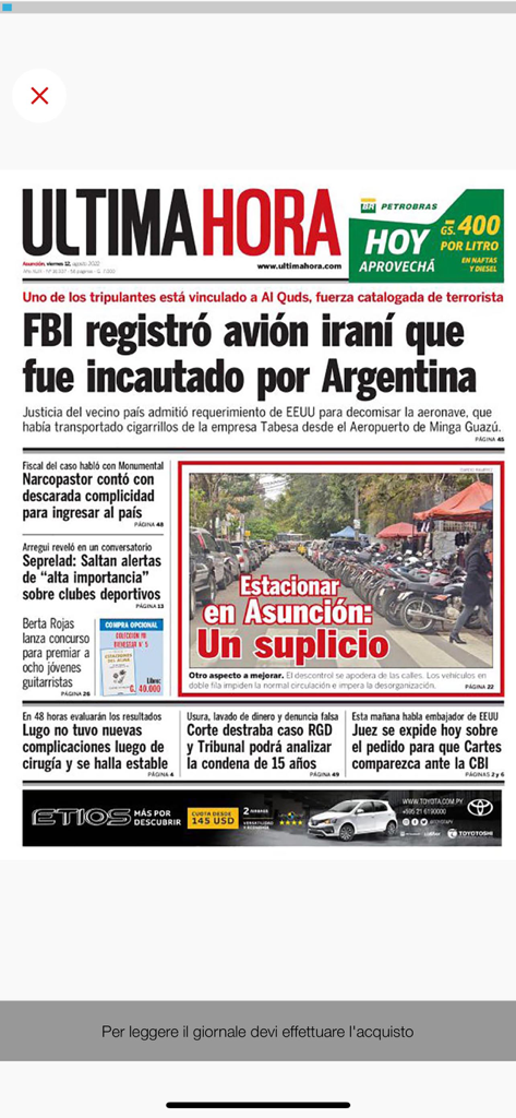 Digital edition front page of the Paraguayan newspaper Ultima Hora displayed in the Kiosco UH app.