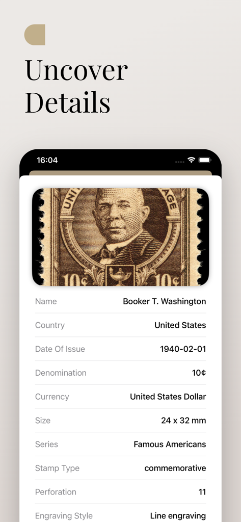 Stamp Identifier - Postage ID - App interface displaying historical details and specifications for a vintage Booker T. Washington stamp