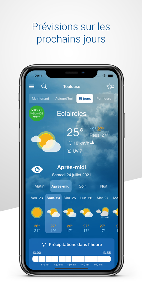 Interfaccia dell'app Meteo France che visualizza le previsioni meteo quindicinali per Tolosa, Francia