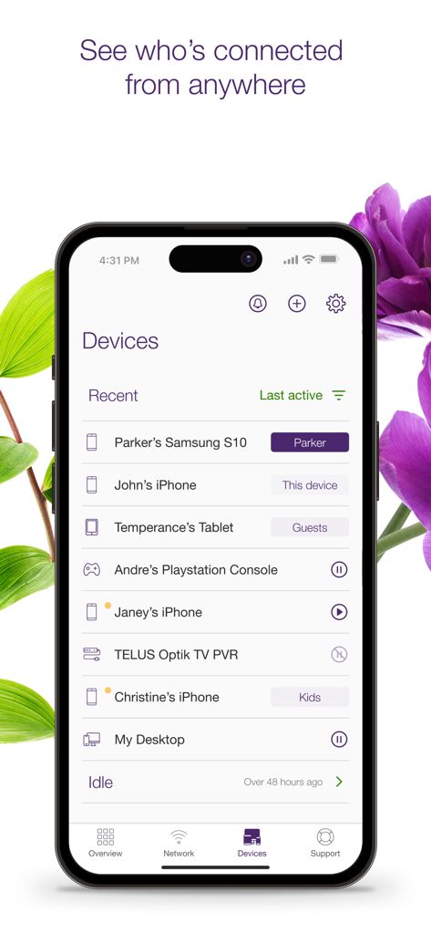 The TELUS Connect app interface showing a list of various mobile devices and gaming consoles connected to a home Wi-Fi network.