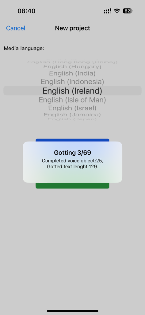 Build SRT - Interfaz de la aplicación Build SRT que muestra la selección del idioma de los medios y el progreso del estado de transcripción