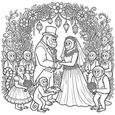 Step into a whimsical world where primates celebrate their special day! This charming coloring page features a delightful wedding scene with a gorilla groom, chimpanzee bride, and their adorable animal guests.
