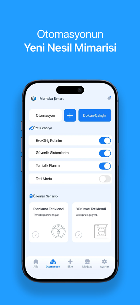 Şımart - Interface of the Simart app showing smart home automation routines and custom scenarios