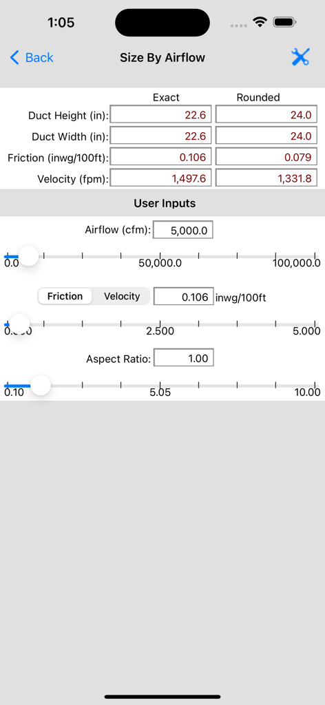 HVAC Duct Sizer - HVAC Duct Sizer app showing air flow calculation screen with slider controls and calculated duct dimensions