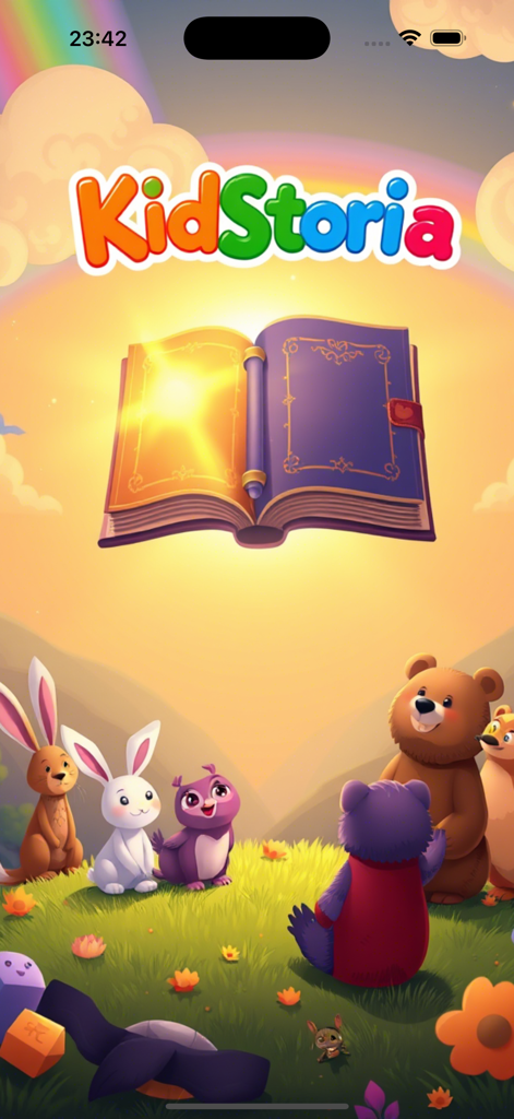 KidStoria - Stories for Kids - KidStoria app home screen featuring a glowing open book and cute animal characters in a whimsical landscape.