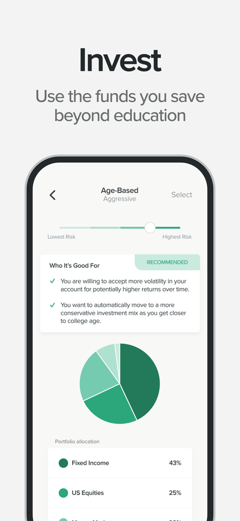 UNest: Investing for Your Kids - UNest app screen showing an age-based aggressive investment portfolio with asset allocation chart