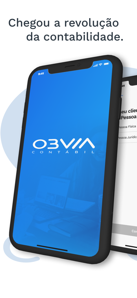 Pantalla de la aplicación móvil Obvia Contabilidade Digital con el logo y el eslogan de revolución contable