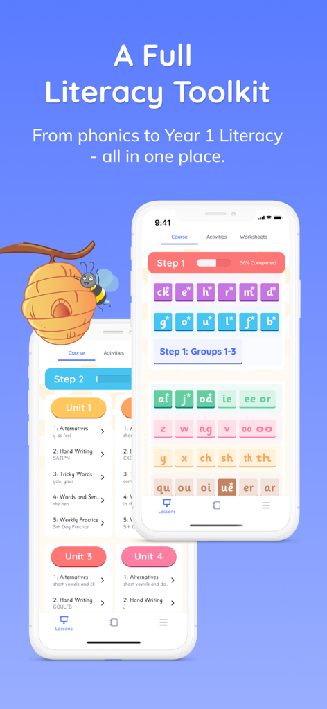 Jolly Classroom: Teach Phonics - Two mobile screens displaying the Jolly Classroom app with organized phonics lessons and unit steps