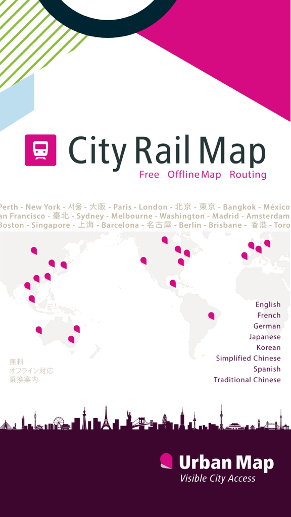 Bangkok Rail Map Lite - Startbildschirm für City Rail Map mit globaler Stadtabdeckung und Unterstützung für mehrere Sprachen.