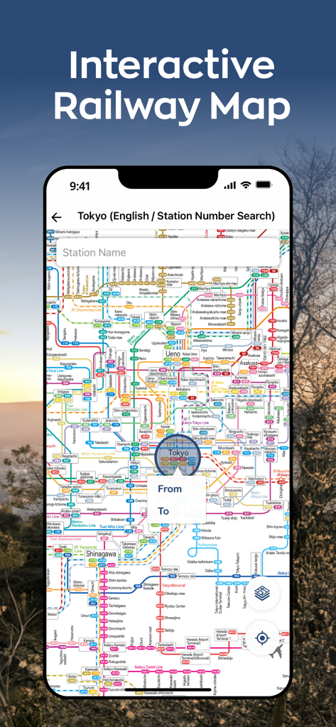 Japan Travel - Smart Transit - Interactive Tokyo railway map within the Japan Travel app showing English station names and route planning options.