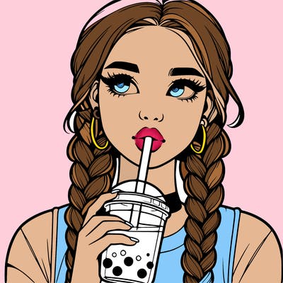 realistic girl with braided hair drinking boba