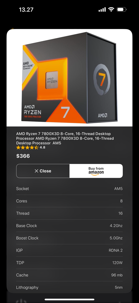 PC Builder: Part picker - Specifiche tecniche e prezzi Amazon per un processore AMD Ryzen 7 7800X3D mostrati nell'app PC Builder