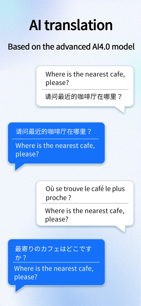 Ein Screenshot, der KI-gestützte Übersetzung für den Satz „Wo ist das nächste Café?“ auf Englisch, Chinesisch, Französisch und Japanisch demonstriert.