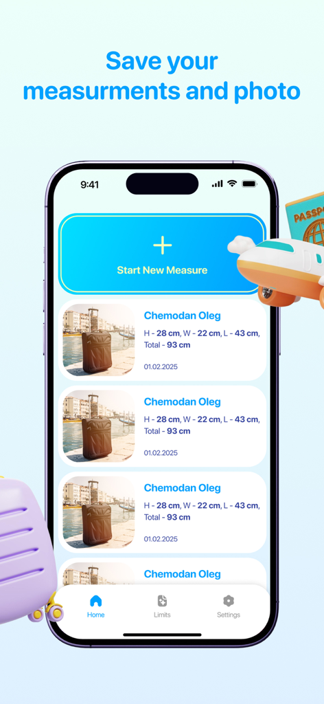 Luggify: AR Luggage Scanner - Luggify app interface showing a list of saved suitcase measurements and photos on an iPhone screen.
