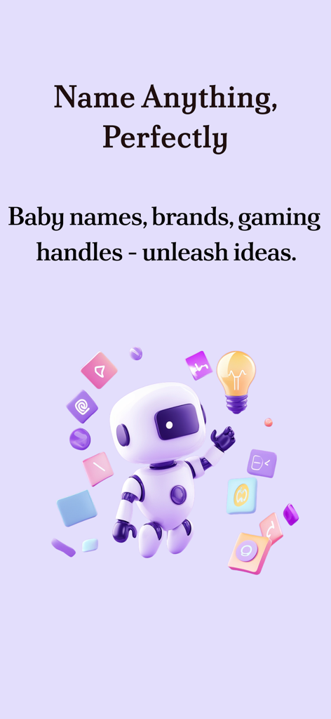Name Generator: For Anything - Mascota robot de IA sosteniendo una bombilla brillante que representa ideas creativas de nombres para marcas y bebés